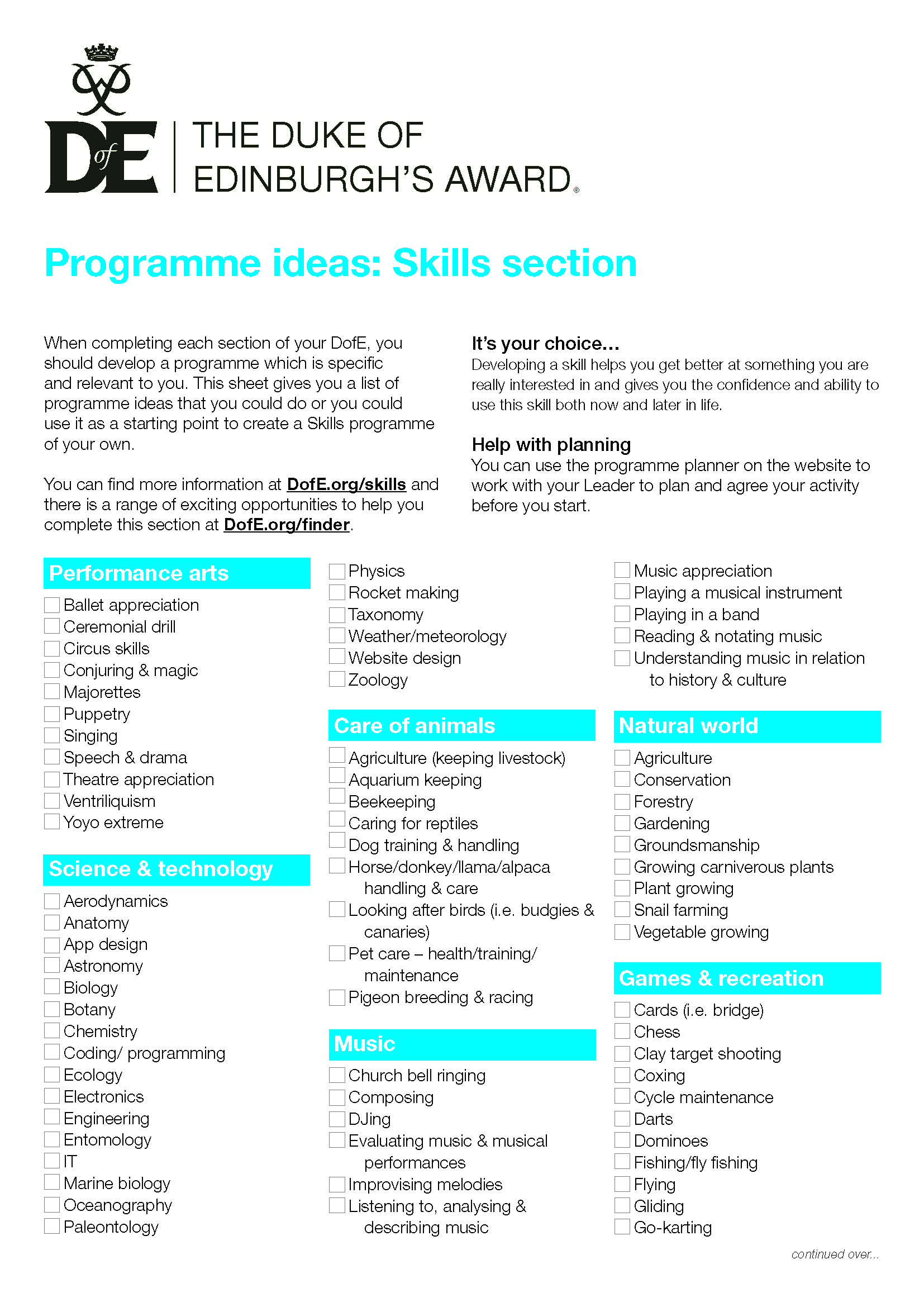 programme ideas - Skills Section 1